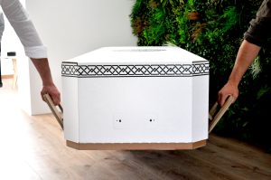 Biodegradable cardboard coffin with eco-friendly design | Eco-friendly funeral casket made from recycled cardboard | Sustainable burial solution - flat-pack coffin kit | Cardboard coffin for green funerals and cremation | Lightweight cremation coffin with waterproof lining | Customizable eco coffin with modern, sustainable design | Flat-pack biodegradable coffin easy to assemble | Space-saving eco coffin for cremation or burial | Environmentally friendly cardboard coffin for green funerals | Waterproof lined cardboard casket for eco-conscious burials | Beyond Echo eco coffin – sustainable funeral solution